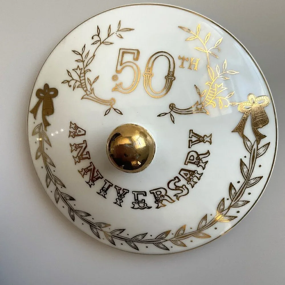 VINTAGE LEFTON CHINA 50TH ANNIVERSARY FOOTED CANDY TRINKET DISH GOLD LEAF